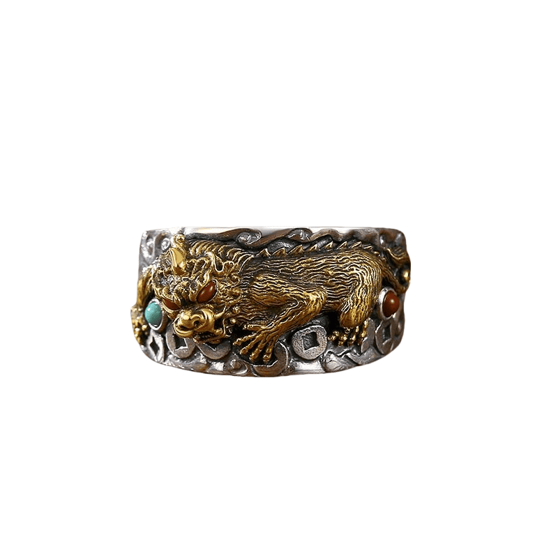 S925 Pure Silver Pixiu ring, men's, vintage, Nanhong Agate inlay.