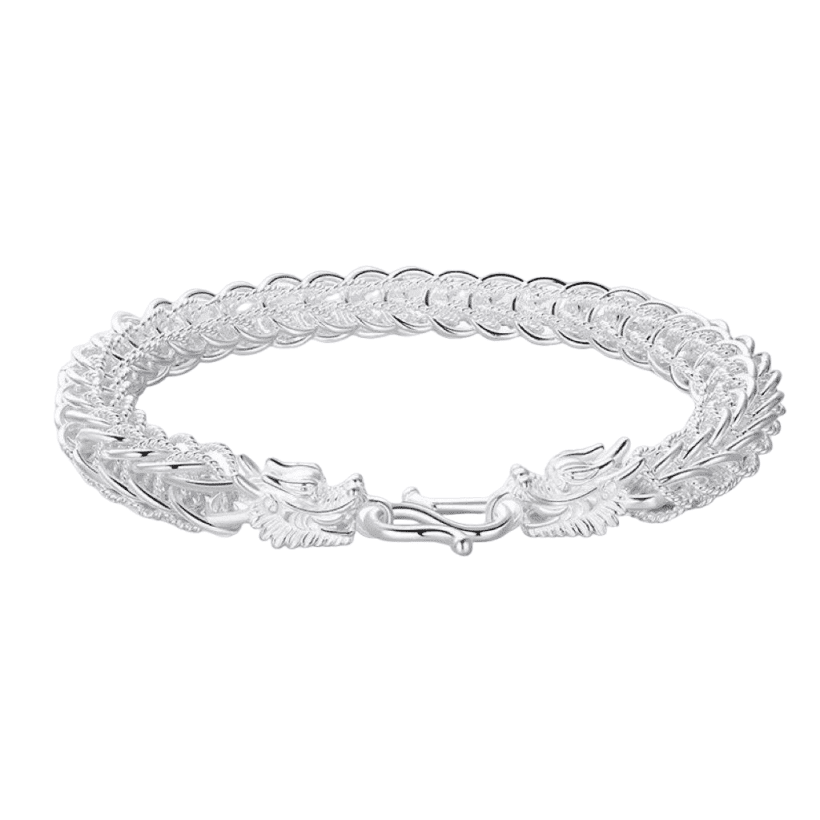 999 Pure Silver Dragon Head Chain bracelet, men's, bold style, front view.