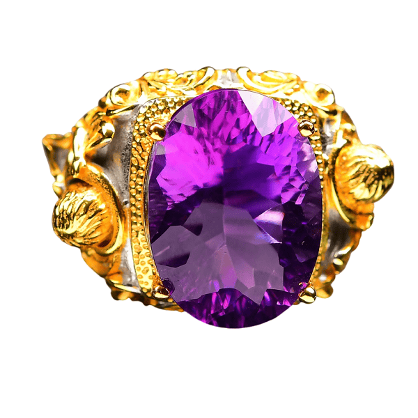 Natural Brazilian Amethyst Statement Ring – Diamond-Cut Facets | 925 Rose Gold Silver | Adjustable Size