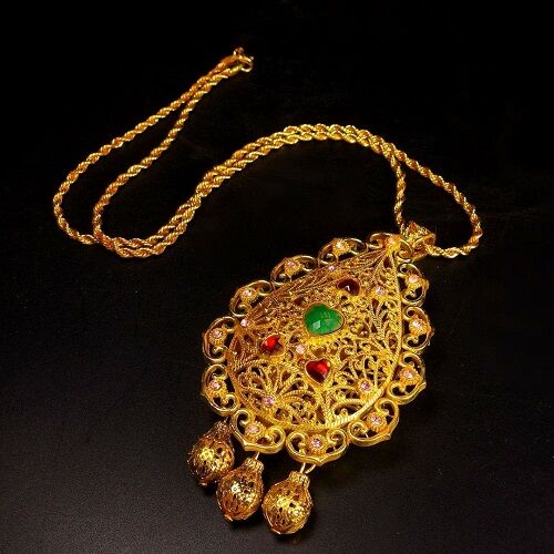 Antique Cloisonné Inlay Pendant Necklace - 47cm Length, 6.5cm Width, 116g, Brass Gilded with Gold